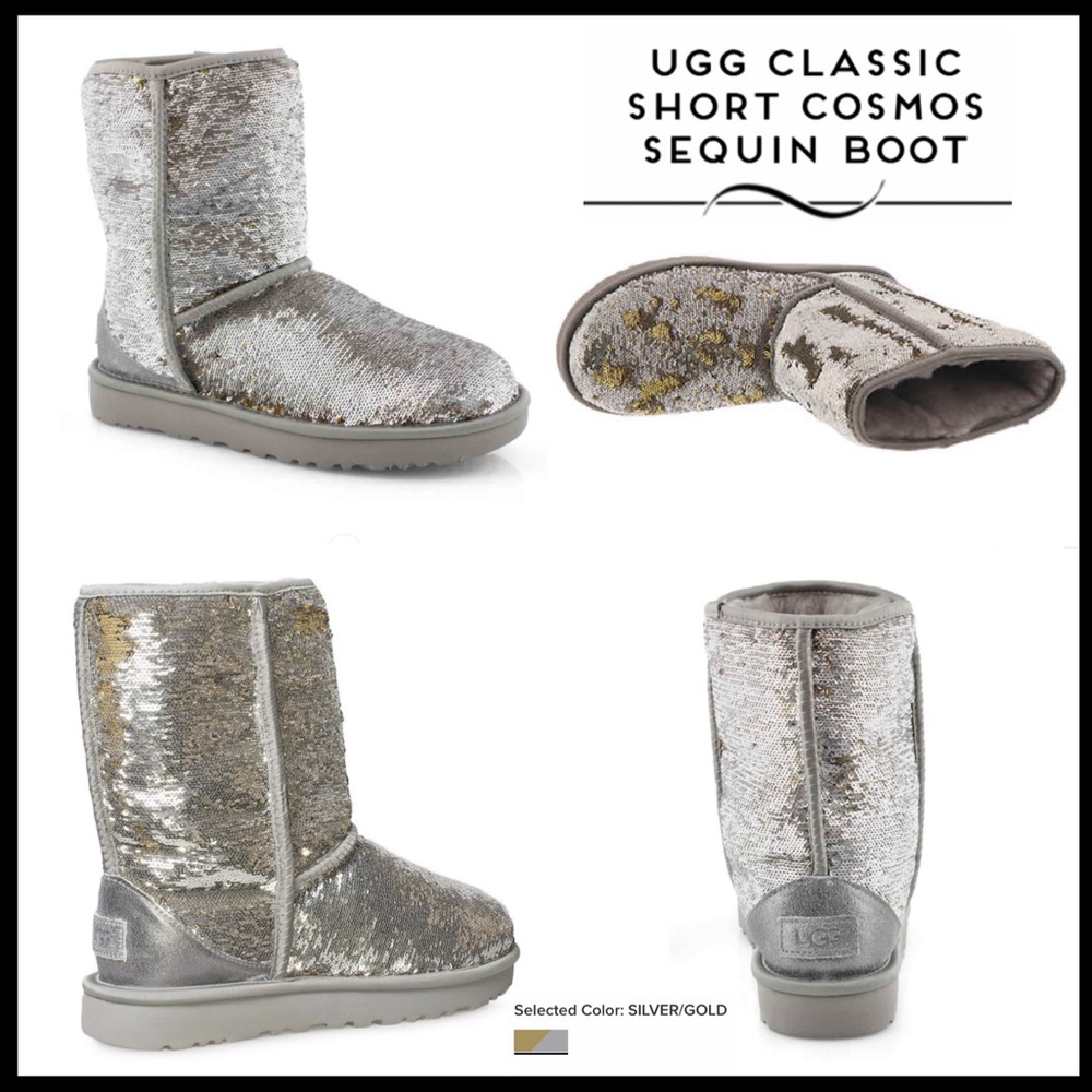 UGG Classic Short Cosmo Sequin Silver & Gold Boots - Picture 10 of 13